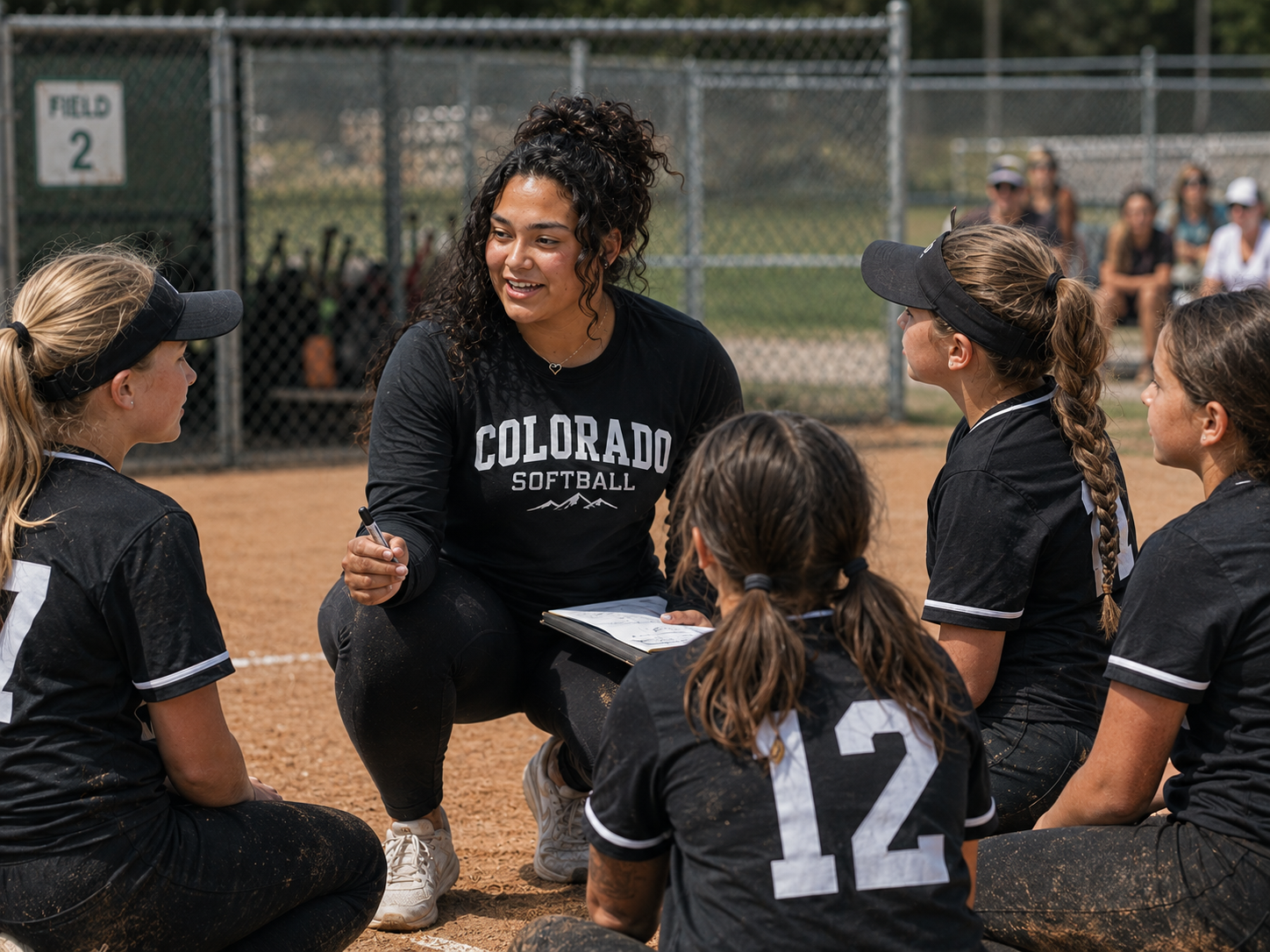 Annamarie Salazar coaching her softball players in a huddle on the field